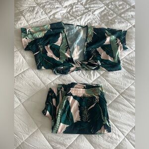 Tropical Leaf Print Tie Top & Pants in Green and Pink
